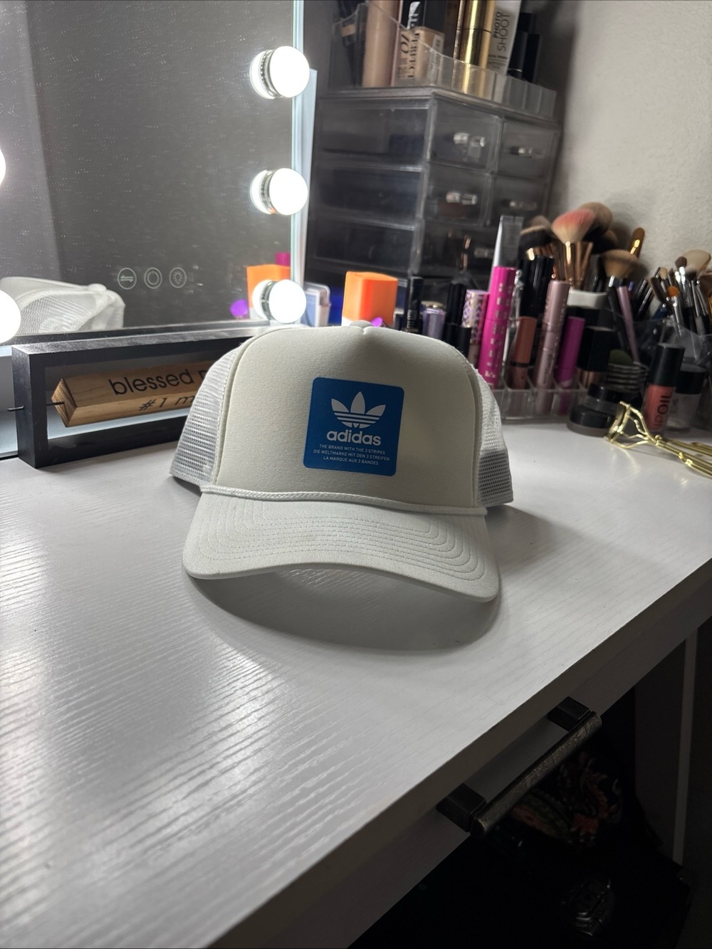 adidas White Trucker Hat with Blue Trefoil Patch